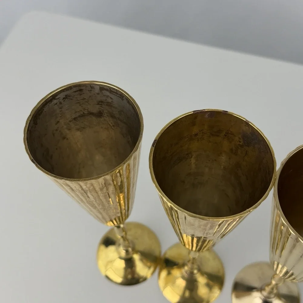 Vintage Brass Champagne Flutes Set of 4 Ribbed Fluted Goblets 9